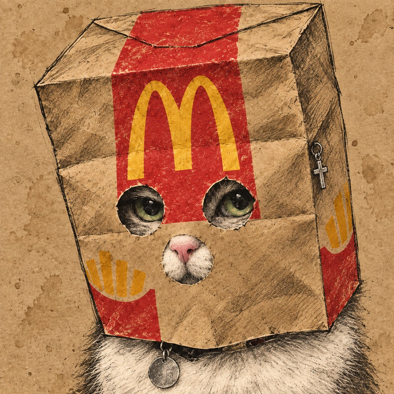 The green-eyed cat behind a red-striped kraft paper bag mask, with his pink nose peeking out.